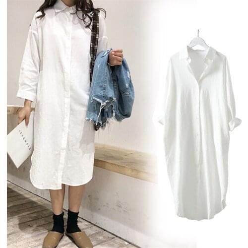 Dresses for Women Casual Spring Long Shirt Cotton Clothing Small Fresh Shirt Dress Korean Lazy Loose Pocket Solid Color Dress