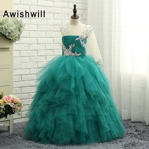 2020 New Arrival Ball Gown Flower Girl Dress With One Long Sleeve Tulle Beading Communion Dresses Turquoise Pageant Dress