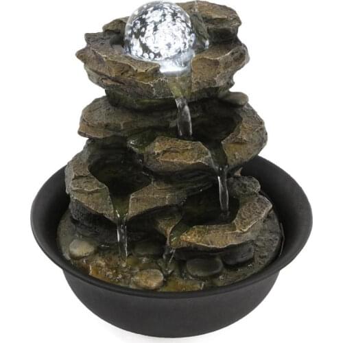 4-Tier Cascading Resin-Rock Falls Tabletop Water Fountain with LED Geomantic Ball for Office Study Room Indoor Home Desk Decor