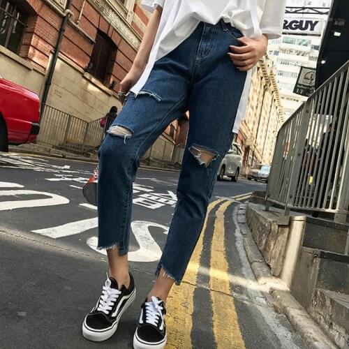 Spring summer Korean Hole large size 4XL fat mm beggar ripped jeans women loose thin ankle length straight wide-led jeans