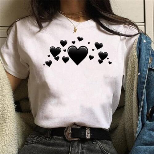 FIXSYS Lovely Black Heart Printed Women Tshirts Cartoon Graphic Shirts Summer Fashion Woman Tees Cute Streatwear Femme Tops