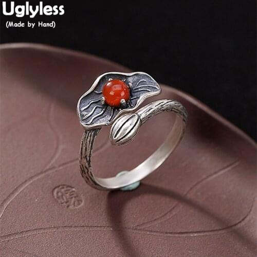 Uglyless 100% Real 925 Sterling Silver Handmade Lotus Leaf Rings for Women Thai Silver Open Finger Ring Agate Fine Jewelry Gems