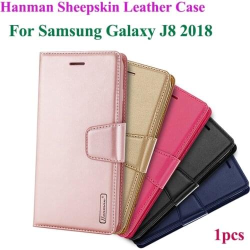 Hanman Sheepskin Leather Case For Samsung Galaxy J8 2018 J800F Cover Flip Book Card Holder Stand Wallet Cases with Card Slot