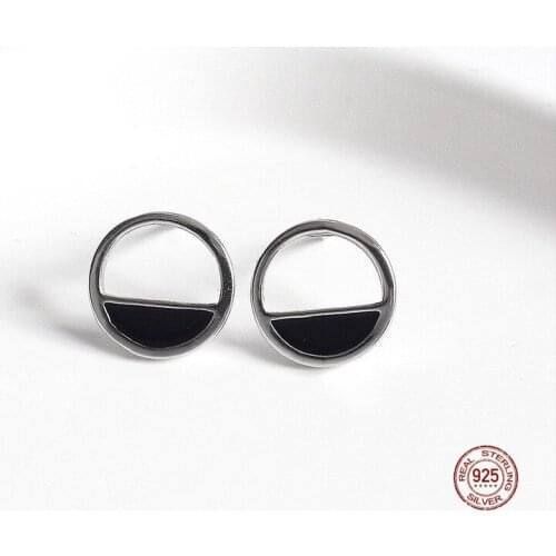 LKO Drop Glaze Geometry Half Hollow Round Stud Earrings 925 Sterling Silver Earrings Creative Chic Womens Earrings Ornaments