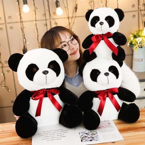 25-45cm Cute Panda Bear With Bow-Knot Plush Toys Soft Cartoon Animal Black And White Panda Stuffed Doll Kids Girl Boy Gifts