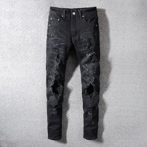 Mens Black Holes Ripped Jeans Slim Fit Stretch Distressed Cotton Denim Pants High Quality