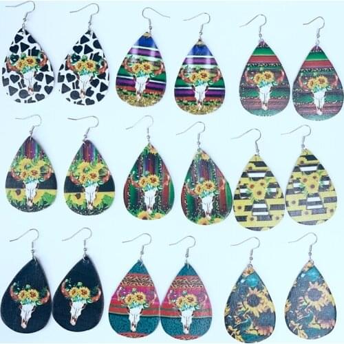 Wholesale Sunflowers Bouquet Bull Skull Faux Leather Earrings 2021