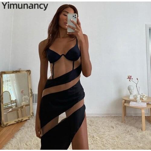 Yimunancy Spaghetti Strap Dress Women Transparent Mesh Patchwork Mesh Dress 2020 Ladies Summer Sexy Club Dresses Vestidos