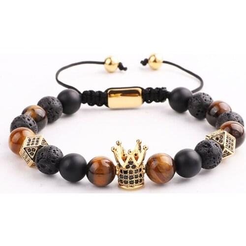 Dropship New Design Natural Stone CZ Pave Crown Charm Tiger Eye Lava Stone Macrame Bracelet Men Jewelry Gift