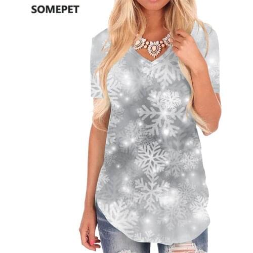 SOMEPET Christmas T Shirt Women Snowflake Tshirts Printed Painting Shirt Print Psychedelic V-neck Tshirt Womens Clothing