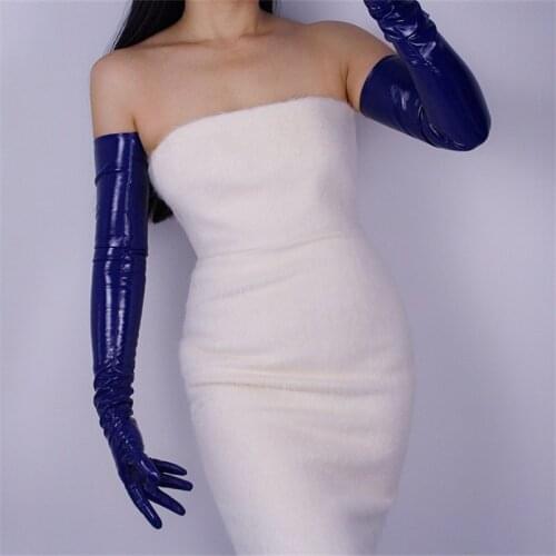 70cm Extra Long Patent Leather Gloves Emulation Leather PU Female Bright Leather Dark Blue Royal Blue PU01-70