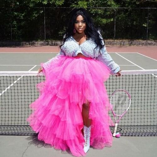 Hot 2020 Fuchsia Color High Low Tulle Skirts Women Ruffles Tiered Long Tutu Skirt Plus Size Mujer Faldas