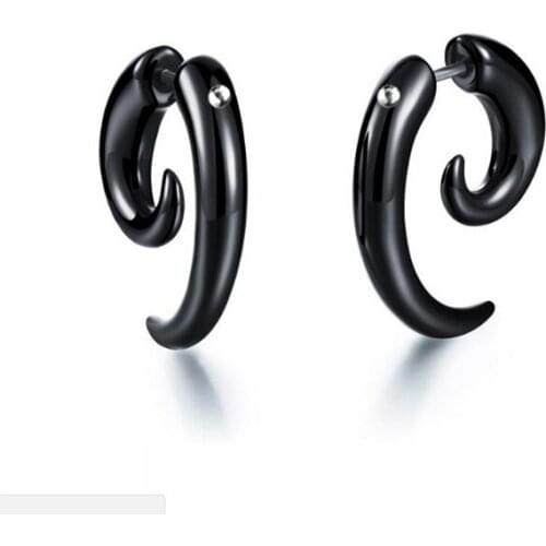 1Piece Unique Black Bull Horn Earring Anti-allergy Stainless Steel Snail Ear Studs Punk Style Women Men Ear Jewelry