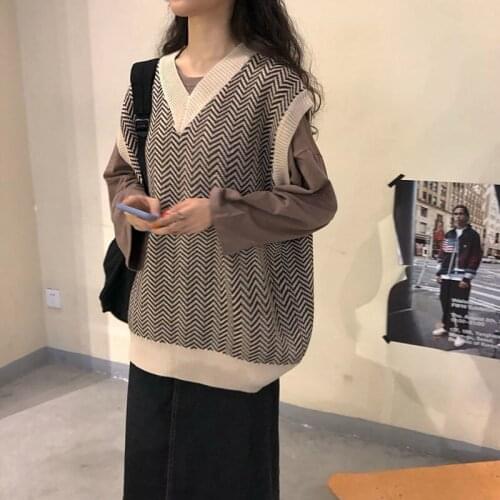 Women Knitting Pullovers Sleeveless Waistcoat Sweater Vest Unif Houndstooth Korean Style Elegant Winter Vest Top 2021