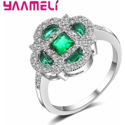 925 Sterling Silver CZ Anniversary For Womens Birthday Party Green Clover Plant Shape Crystal Stone Ring Arbor Day