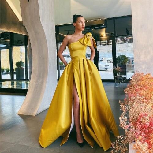 Gold One Shoulder Prom Dresses Long 2021 High Split Evening Dress Party Gowns With Pocket Plus Size Vestidos de fiesta de noche