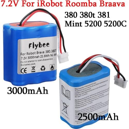 Upgrade 7.2V 2.5Ah/3.0Ah Ni-MH Battery for irobot braava 380T 380 390T Mint 5200 5200B 5200C 7.2v Rechargeable battery 1/2Pcs