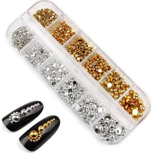 12 Grids Box Gold/Silver Pearl Beads Half Round Flatback Pearls for Nail art DIY Accessories Nail Jewelry Charms