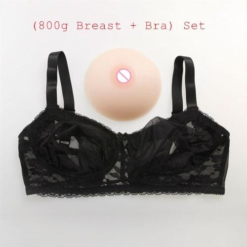 800g/pair Round Beige Silicone Boobs+Sexy Black Transparent Lace Pocket Bra ) Crossdresser Shemale Breast Form With Bra Set