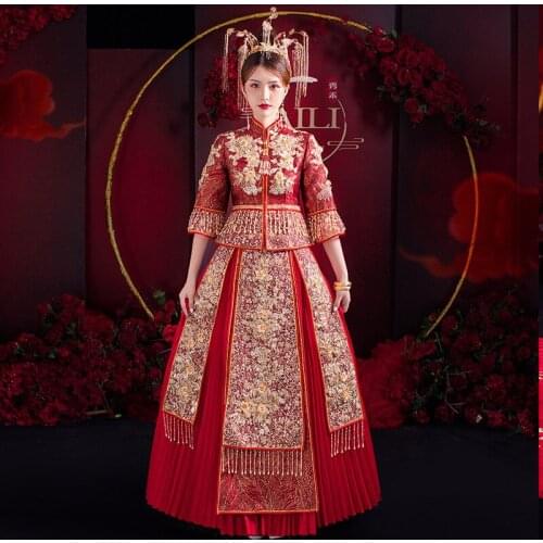 Chinese Traditional Wedding Embroidery Cheongsam Banquet Elegant Bride Exquisite Appliques Sequins Beading Qipao китайская одежд