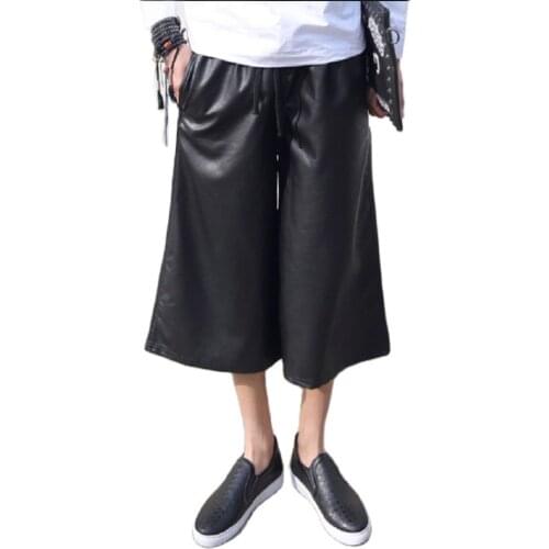 Men wide leg PU leather punk pants stage performance calf-length pants man Korean style vintage hip hop street wear pantalones