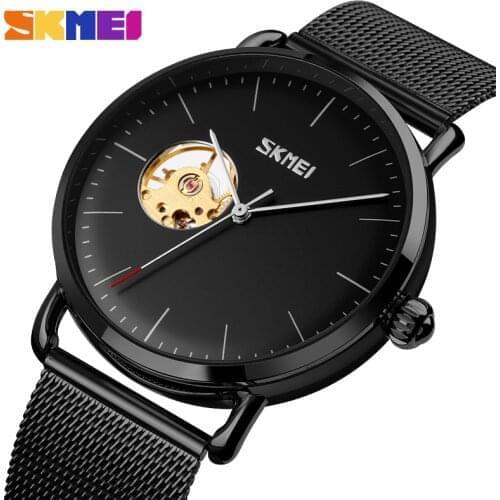 SKMEI Simple Automatic Mechanical WristWatch Men Hollow Dial Business Mens Watch Stainless Steel Net Strap Fashion Clock Reloj
