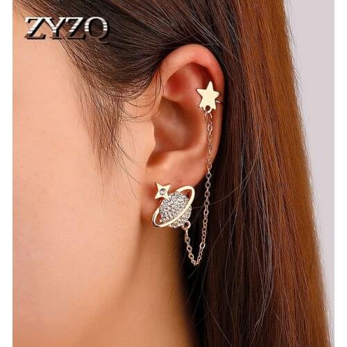 ZYZQ 2021 New Fashion Planet Clip Earrings Metal Long Chain Non Perforated Drop Earrings For Women Fashion Gift Jewelry