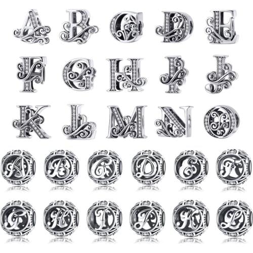 Original 100% 925 sterling silver vintage letters A-Z charm beads fit 3MM bracelet DIY zircon pendant women jewelry making