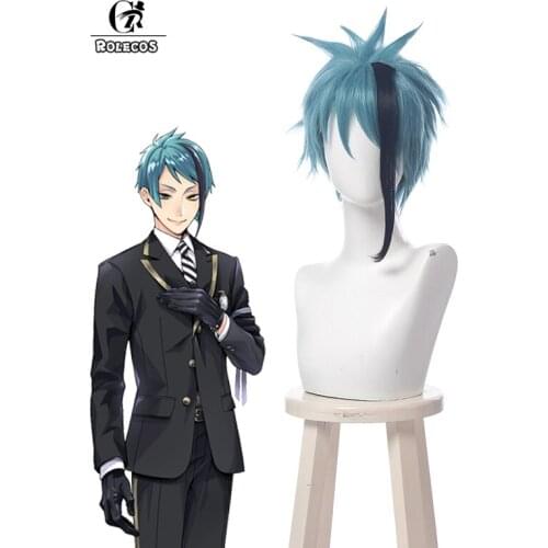 ROLECOS Twisted Wonderland Floyd Cosplay Wig Short Hair Cosplay Game Floyd Jade Bule 30CM Wig Headwear Mixed Black Short Hair