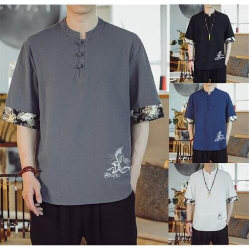 Men Chinese Style Short Sleeve Shirt Retro Crane Embroidery Linen Cotton Casual Tops Male Summer Kung Fu Clothing Streetwear