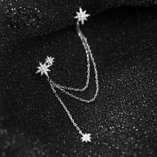 Stars CZ No Pierced Clip on Earrings for Women Teen Girl 925 Sterling Silver Long Chain Tassel Dangling Ear Cuff Earcuff Jewelry