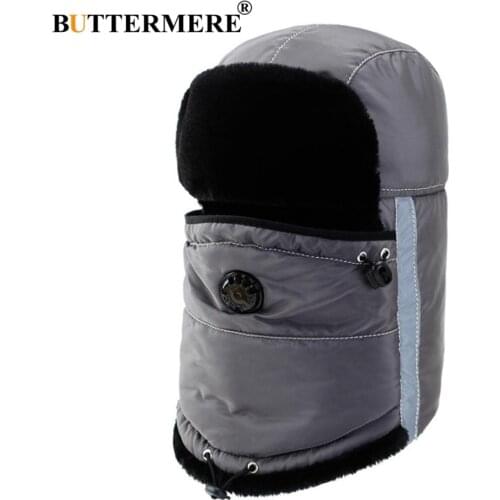 BUTTERMERE Winter Hat Russian Women Gray Cotton Bomber Hats Men Warm Fur Caps With Earflap Windproof Ski Snow Ushanka Hats Black