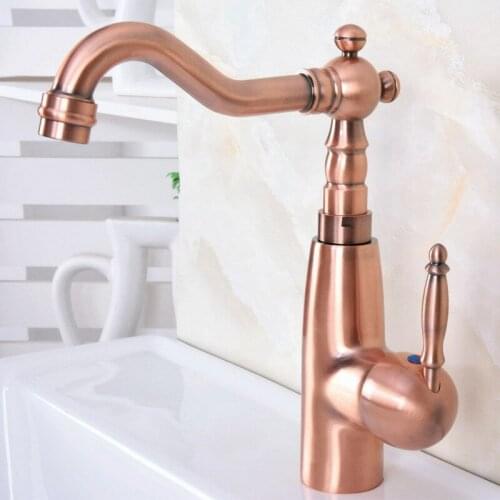 Antique Red Copper Basin Faucets Deck Mounted Bathroom Sink Mixer Deck Faucet Rotate Single Handle Hot And Cold Water Mixer Taps