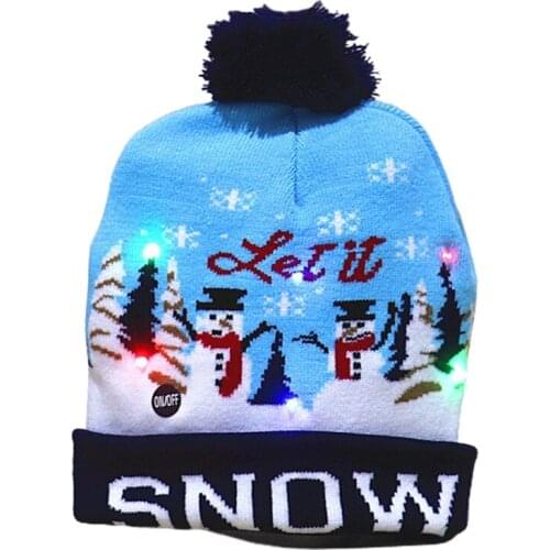 LED Christmas Hat Light Up Christmas Hat Unisex Winter Knitted Beanie Holiday Hat with Snowman Printing for Party