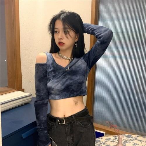 Wenfly Women Tops Tees Open Navel Short Design Long Sleeve V-Neck Off Shoulder Tie Dyed Korean Casual T-shirt Vintage