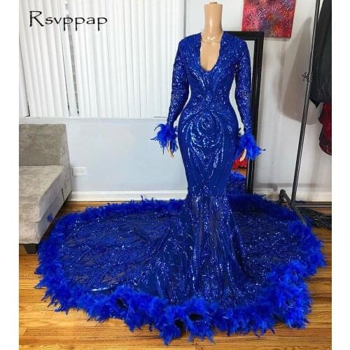 African Black Girl Royal Blue Long Prom Dresses 2021 Stunning Sequin Long Sleeves Feathers Mermaid Prom Dress