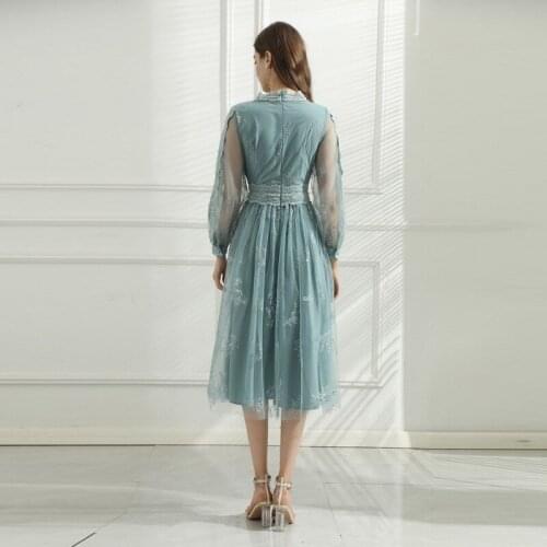 Fashion Women Runway 2021 Spring Summer New Long Lantern Sleeve Lace Sequined Flower Embroidery Mesh Party Dress