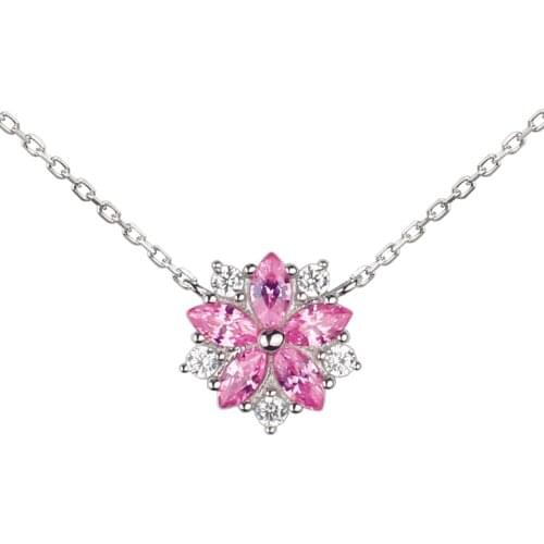 925 Sterling Silver Pendant Necklace Women Cute Sakura Flower Pink Cubic Zirconia CZ 40+5cm Cable Link Chain Birthday NC8001B