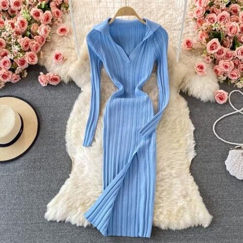 Sexy Dress Women Solid Bodycon Long Sleeve Autumn Winter Midi Sweater Dresses V-neck Knitting Stretch Retro High Waist Vestido