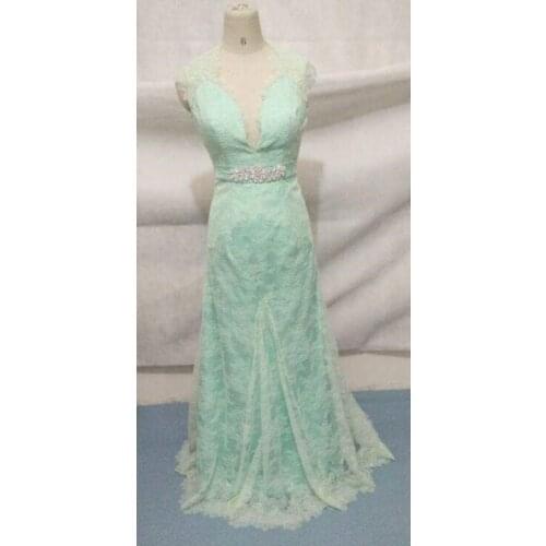 Long Deep V-Neck Mermaid Light Green Evening Dresses Floor Length Lace Open Back Formal Party Dresses for Women