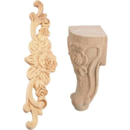 4Pcs 20 x 5Cm Rubber Wood Carved Long Onlay Applique & 4 Pcs 15 x 6Cm Wood Carved Rose Foot Frame Decor