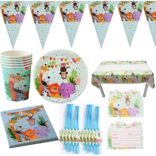 71pcs/lot Jungle Animals Theme Napkins Banner Birthday Party Plates Cups Tablecloth Decorate Straws Kids Favors Invitation Cards