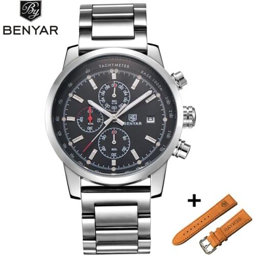 Benyar Men Watch Set Top Brand Luxury Male Leather Quartz Chronograph Military Waterproof Wrist Watch Men Sport Clock relojes