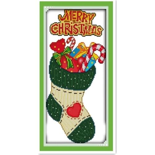 DMC Complete Kit Cross Stitch Merry Christmas Embroidery, Christmas Socks Gift Small Size Sewing Embroidery Hanging