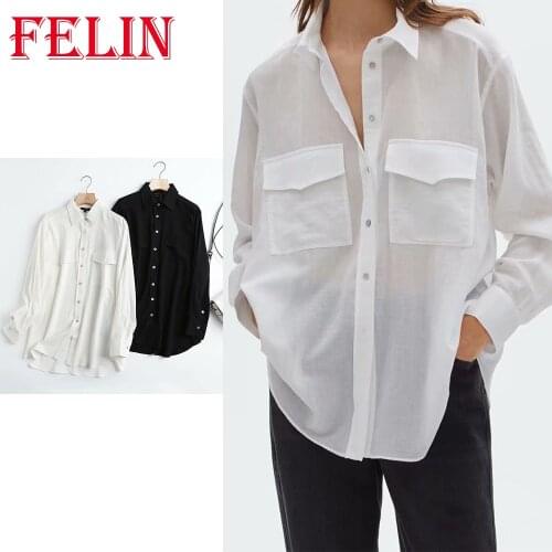 FELIN High Quality 2021 New Fashion Women Za Cooton T-Shirts White Black Solid Casual MD Long Sleeve Mujer Tops Vintage Blouse