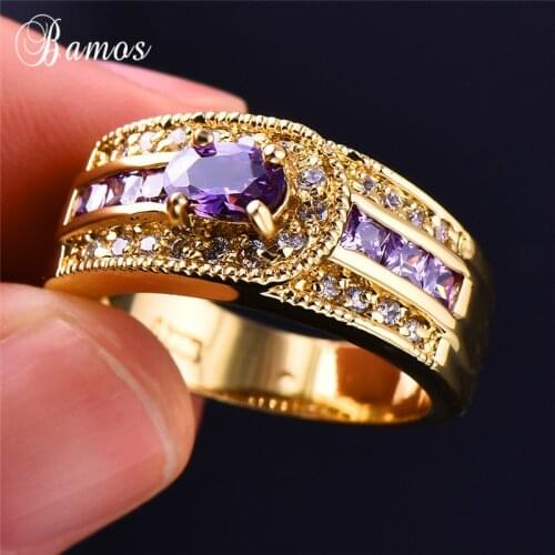 Bamos Purple Birthstone Finger Ring 18KT Yellow Gold Vintage Rings Luxury Wedding Bands For Women Engagement Jewelry Best Gifts