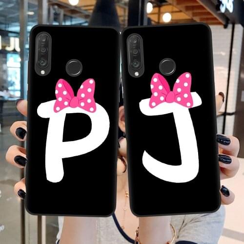 Cute Bow Letter A B Couple Case For Huawei P20 P30 P40 Lite E Pro Funny Soft Black Silicone Phone Cover Fundas Custom Name Cases