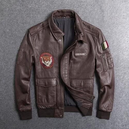 GU.SEEMIO genuine leather jacket for men male sheep skin coat real animal 100% skin outer wear flight suit brown