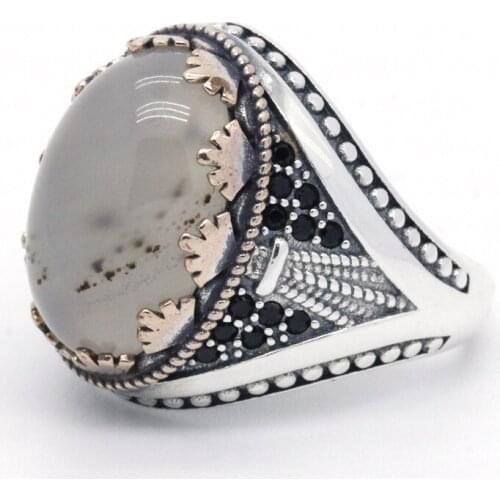 Agate Men Rings 925 Sterling Silver Big Natural Stone & Black CZ Ring for Male Vintage Antique Silver Turkish Fine Jeweryl