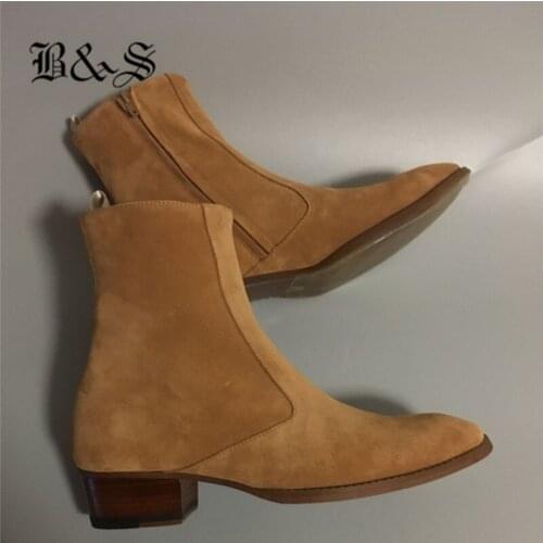 Black& Street Men Wedge Genuine leather Skinny Boot Handmade West Zip Suede Causal Boots